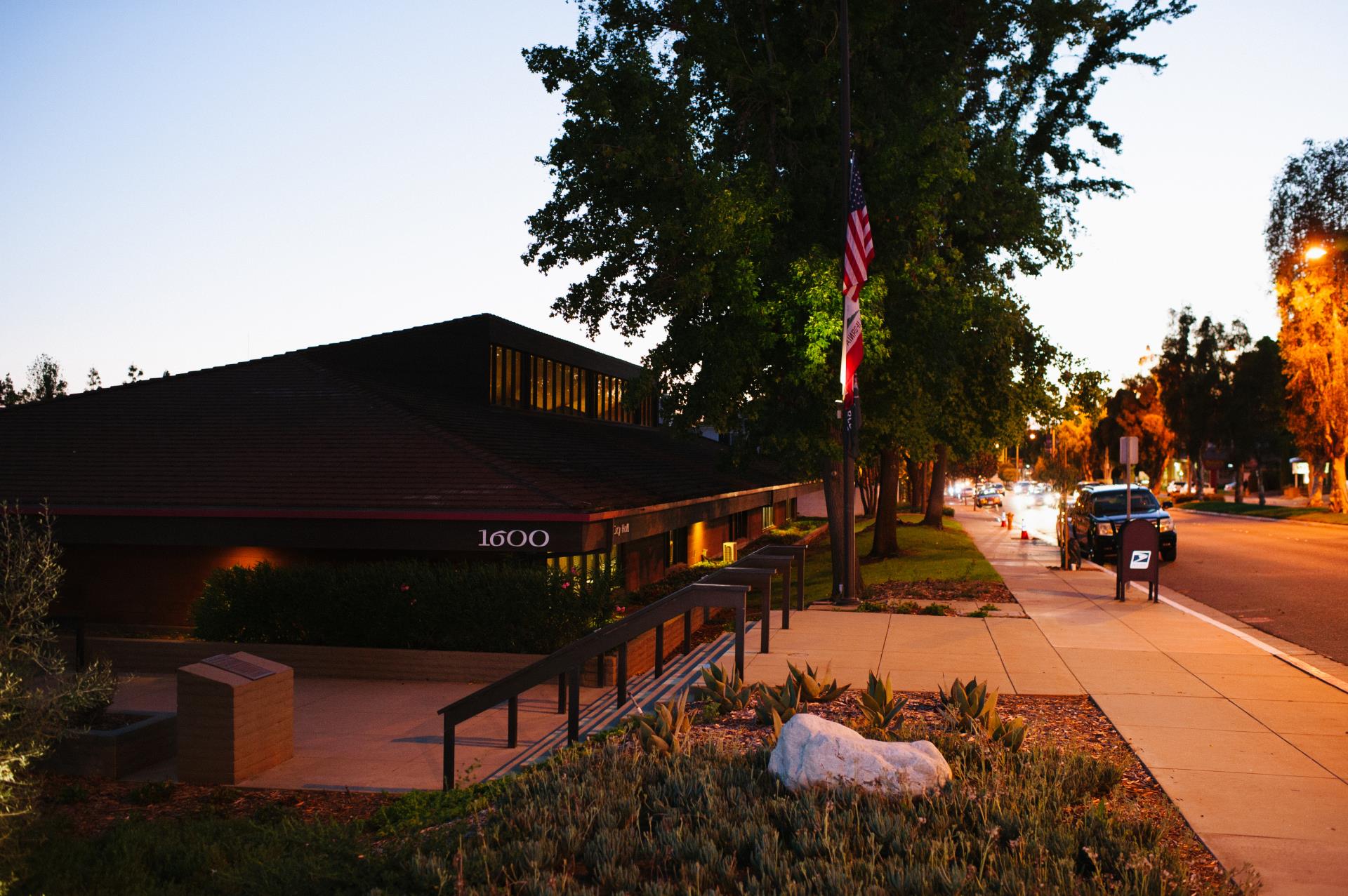 Duarte City Hall sidewalk entrance at dusk